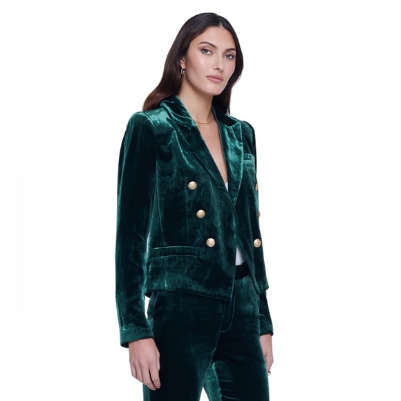 L’Agence Forest Green Brook Velvet Crop Blazer – Size 8 - Picture 3 of 16